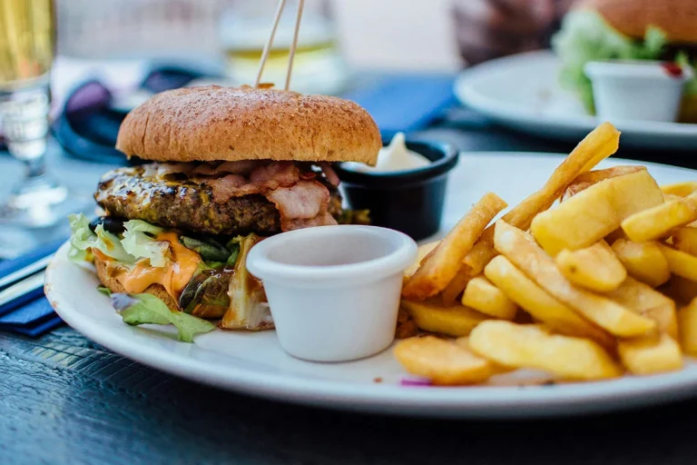 Burger dan kentang goreng di atas piring