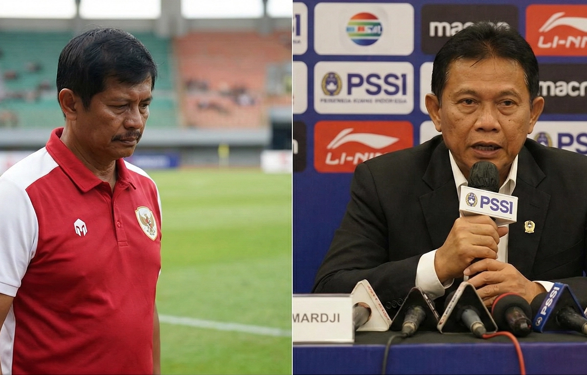 Foto split Indra Sjafri tertunduk di pinggir lapangan dan Sumardji sedang memberikan keterangan pers di depan mikrofon PSSI.