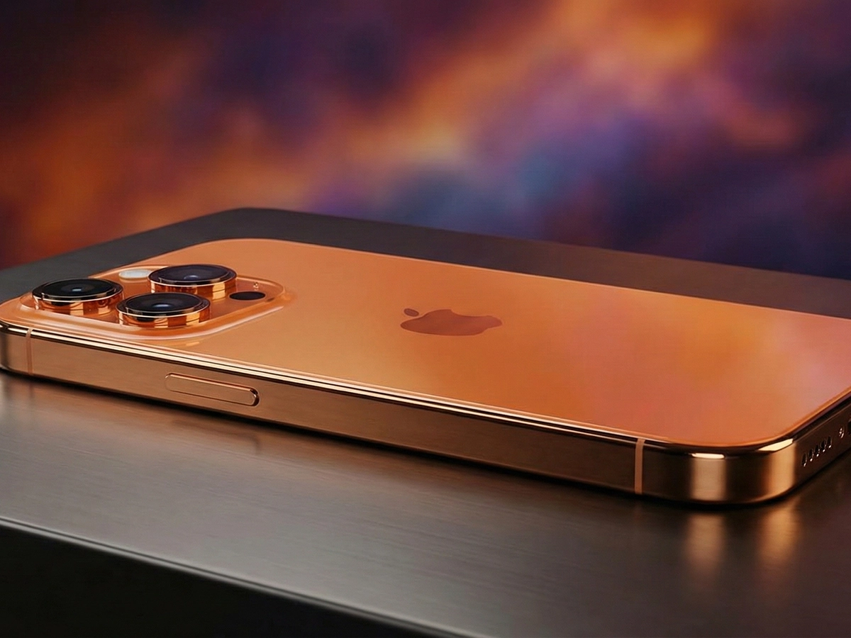 Orange iPhone on a desk