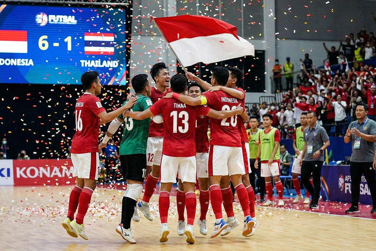Para pemain Timnas Futsal Indonesia berseragam merah merayakan kemenangan dengan penuh emosi, mengibarkan bendera Merah Putih di tengah hujan konfeti. Papan skor di latar belakang menunjukkan skor akhir "INDONESIA 6 - 1 THAILAND" pada ajang SEA Games 2025.
