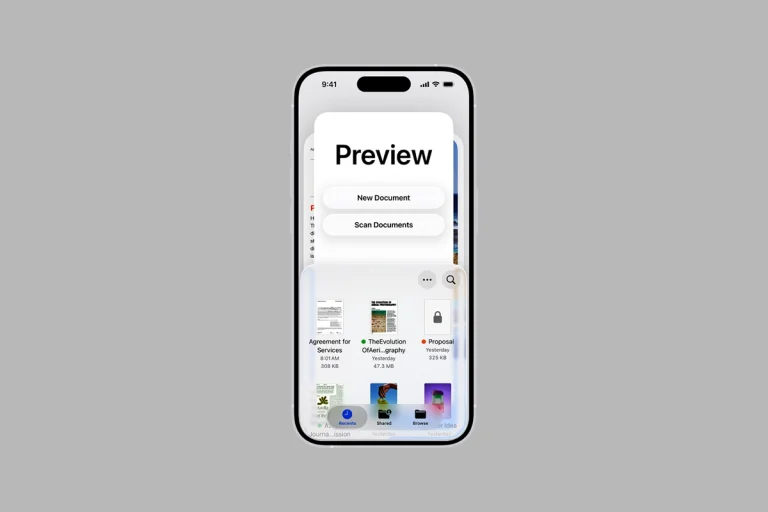 Screenshot antarmuka aplikasi Preview pada iPhone yang menampilkan opsi New Document dan Scan Documents sebagai ilustrasi fitur baru iOS untuk manajemen dokumen.
