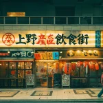 Pemandangan jalan di Jepang pada malam hari dengan restoran berhias lampion merah dan papan nama menyala, ilustrasi lingkungan sosial di mana turis harus menjaga etika.