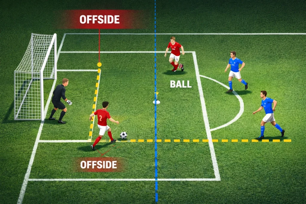 Ilustrasi posisi offside dalam sepak bola saat pemain lebih dekat ke gawang lawan dibanding bola dan dua pemain terakhir