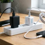 Perbandingan antara pengisi daya generik hitam yang overheating dan pengisi daya Anker 20W putih yang dingin.] (misalnya, Tampilan close-up di atas meja kayu menunjukkan pengisi daya dinding generik hitam yang overheating dengan asap, kontras dengan pengisi daya Anker 20W putih yang mengisi daya smartphone dengan cepat dan efisien.