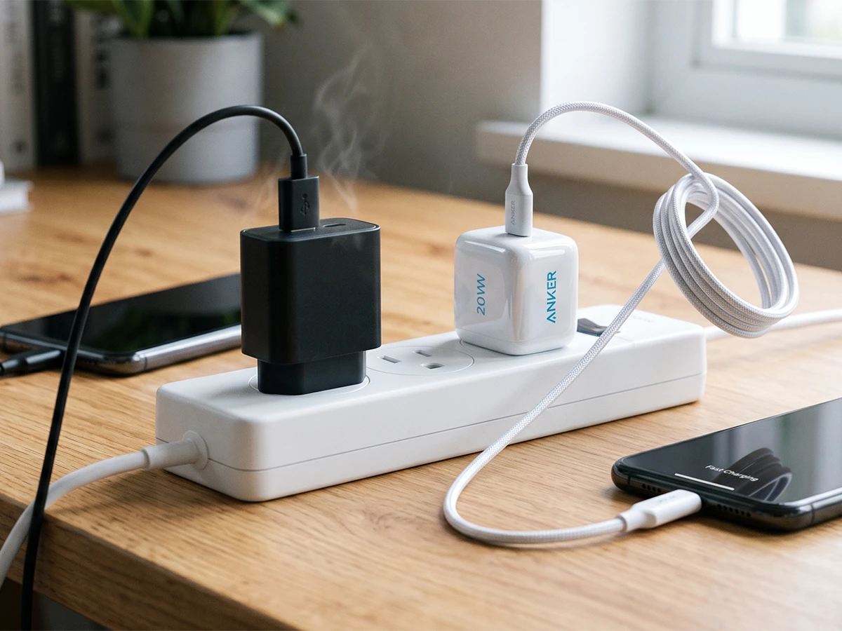 Perbandingan antara pengisi daya generik hitam yang overheating dan pengisi daya Anker 20W putih yang dingin.] (misalnya, Tampilan close-up di atas meja kayu menunjukkan pengisi daya dinding generik hitam yang overheating dengan asap, kontras dengan pengisi daya Anker 20W putih yang mengisi daya smartphone dengan cepat dan efisien.