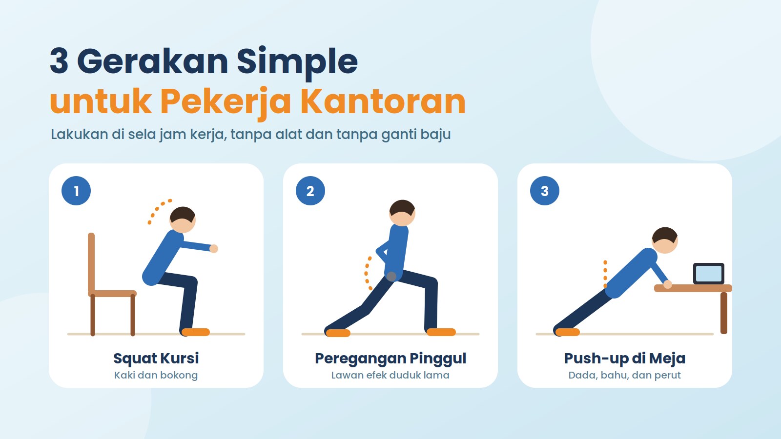 Ilustrasi 3 gerakan simple untuk pekerja kantoran: squat kursi, peregangan pinggul, dan push-up di meja